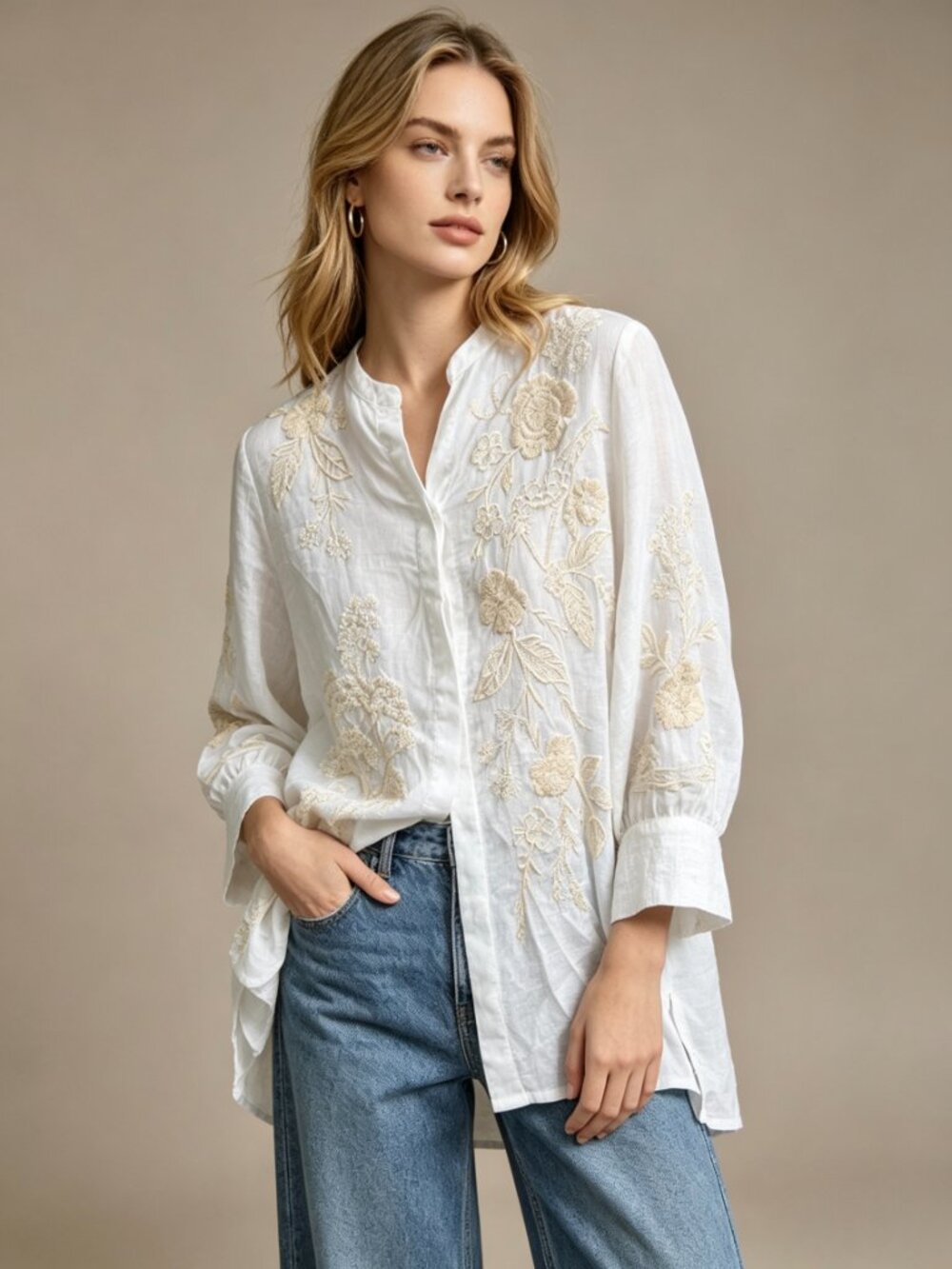 NWOT Johnny Was Embroidered Floral Cream Cotton Button Tunic Blouse Size S